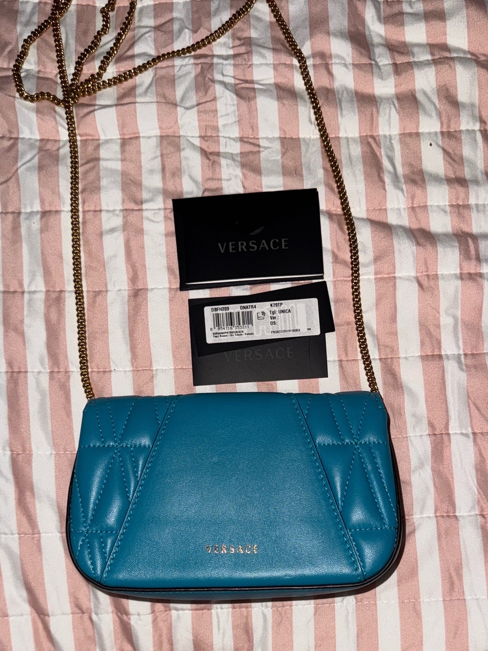 NWT Versace Virtus Bright Teal (blue) Mini Quilted Bag with Gold Chain! - Picture 8 of 9
